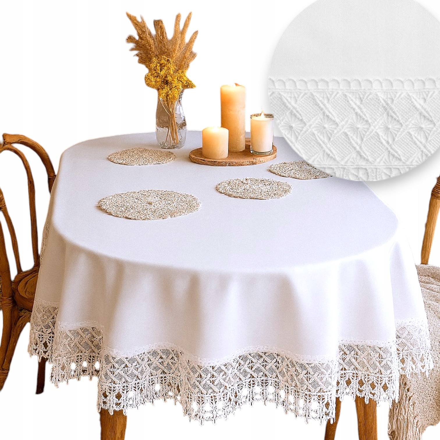 Oválný Bílý Ubrus hladký s krajkou a výšivkou 110x160 Ovál imitace Lnu