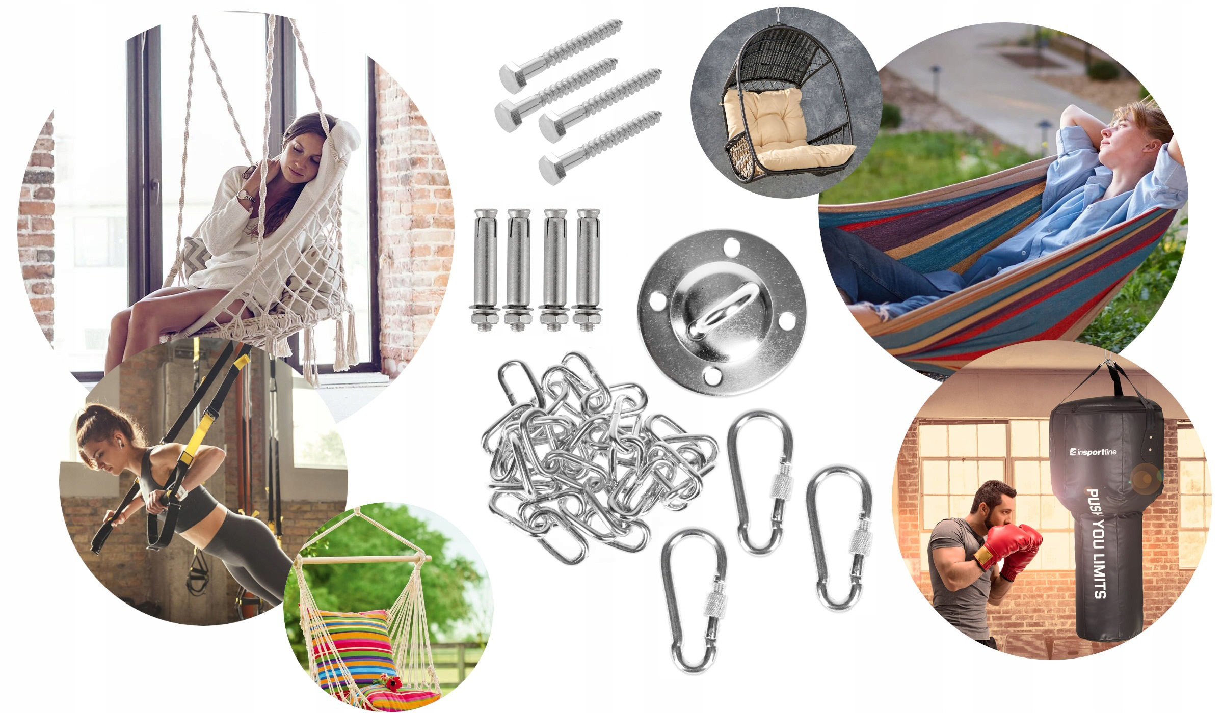 ZESTAW MONTAŻOWY DO HUŚTAWEK HAMAKA MOCNY HAK Kolor dominujący srebrny