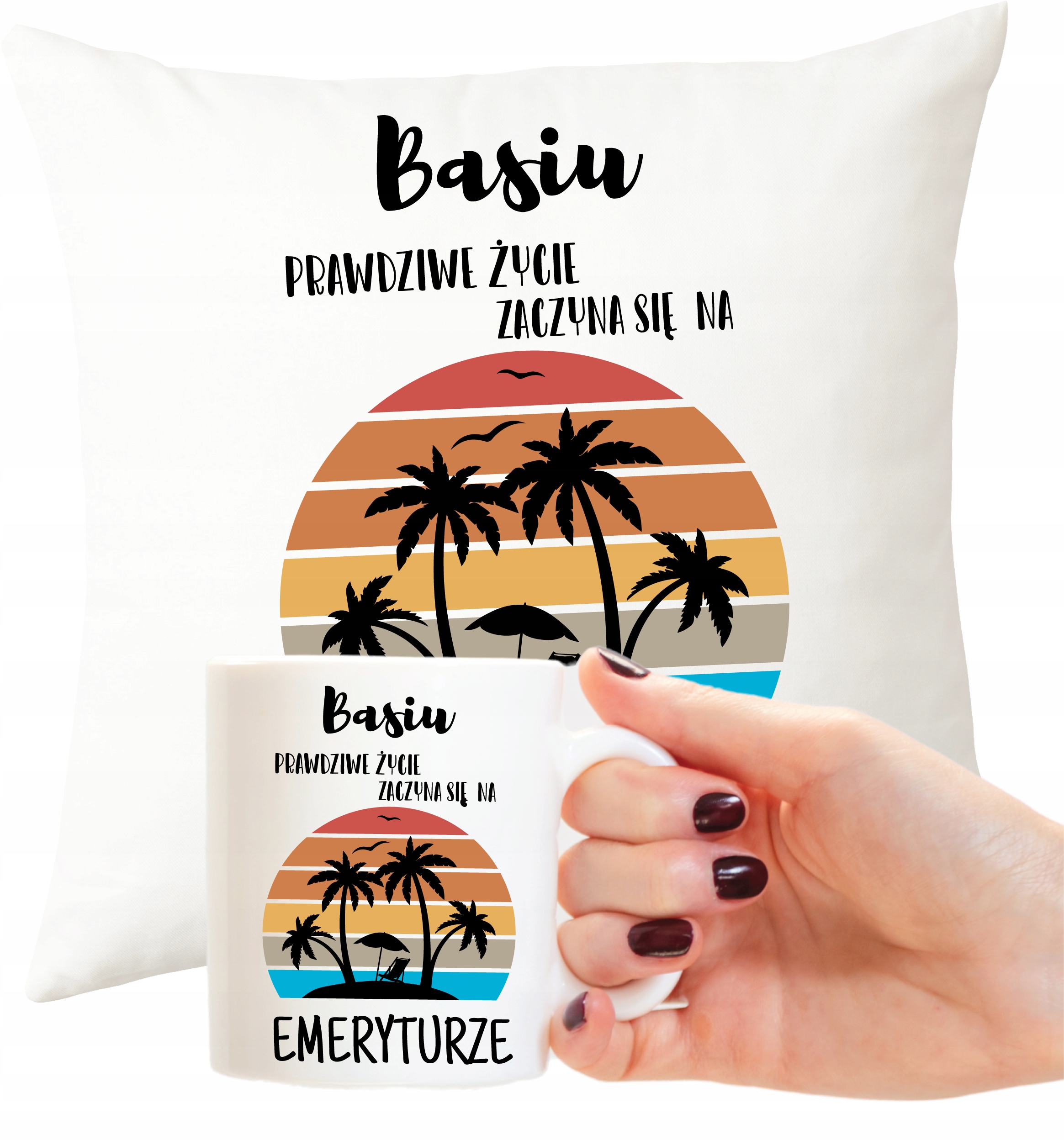 PODUSZKA + KUBEK dla EMERYTKI witaj na emeryturze EMERYTKA + IMIĘ