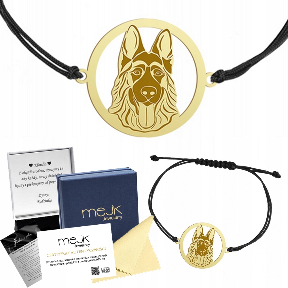 Zlatý náramek Německý ovčák 925 Šňůra Šperky Gravírování Bonus