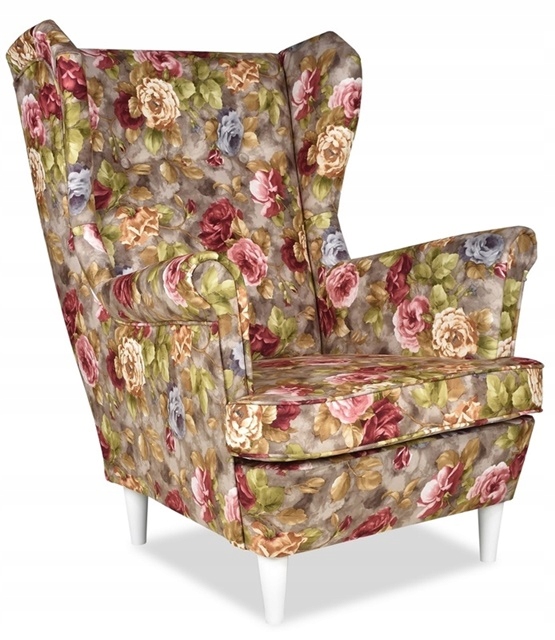 Fotel Uszak róże różyczki na ciemnobeżowym tle