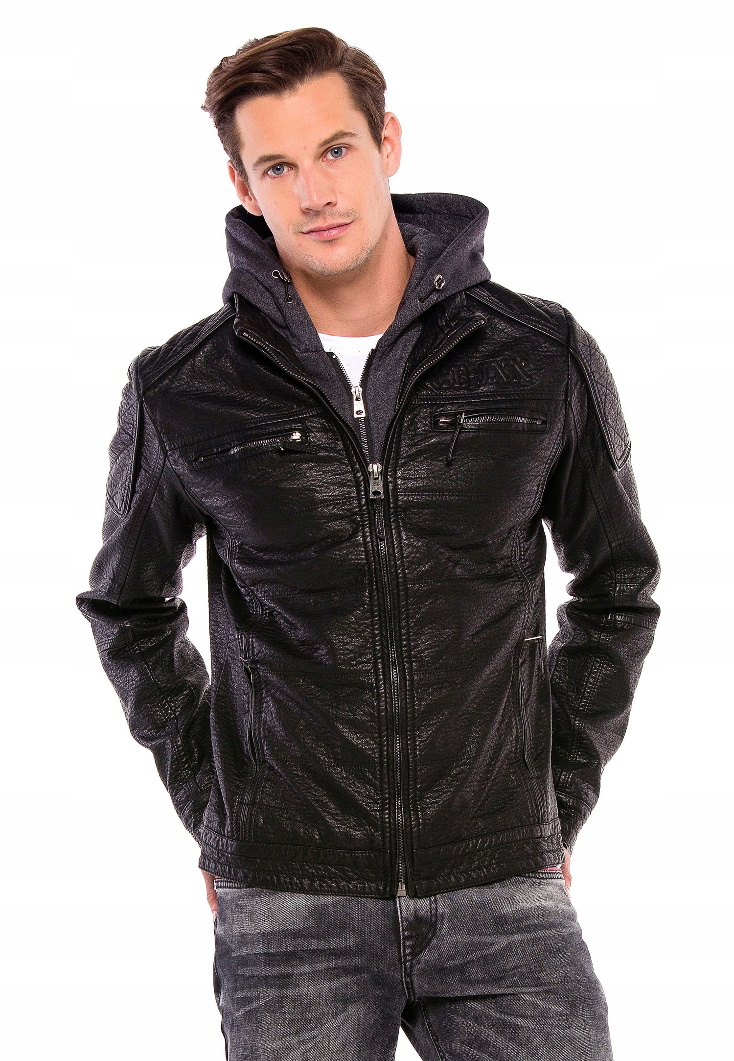 Pánská Kožená Bunda Černá S Kapucí Cipo Baxx: M