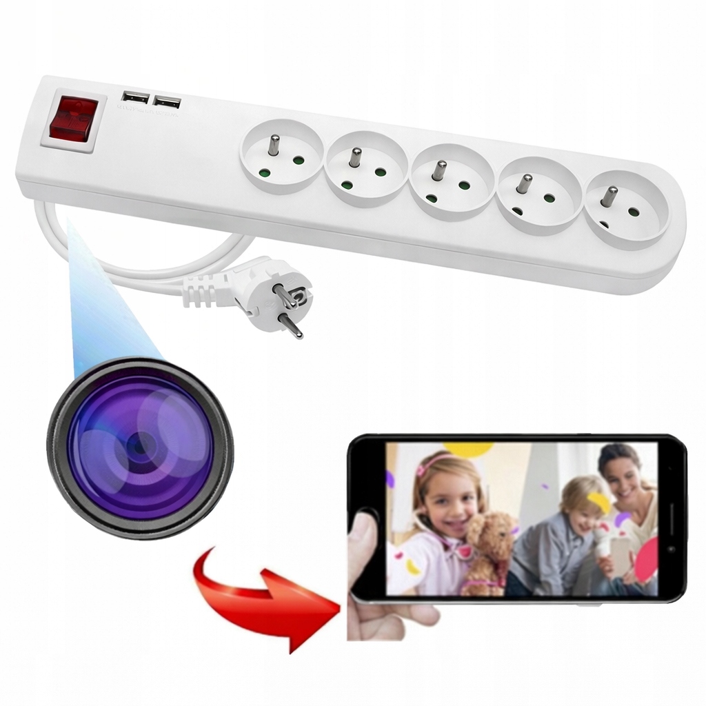 Mini Skrytá Kamera S Lištou Predlžovací Kábel 5 Zásuviek 2XUSB Wifi Karta Micro Sd