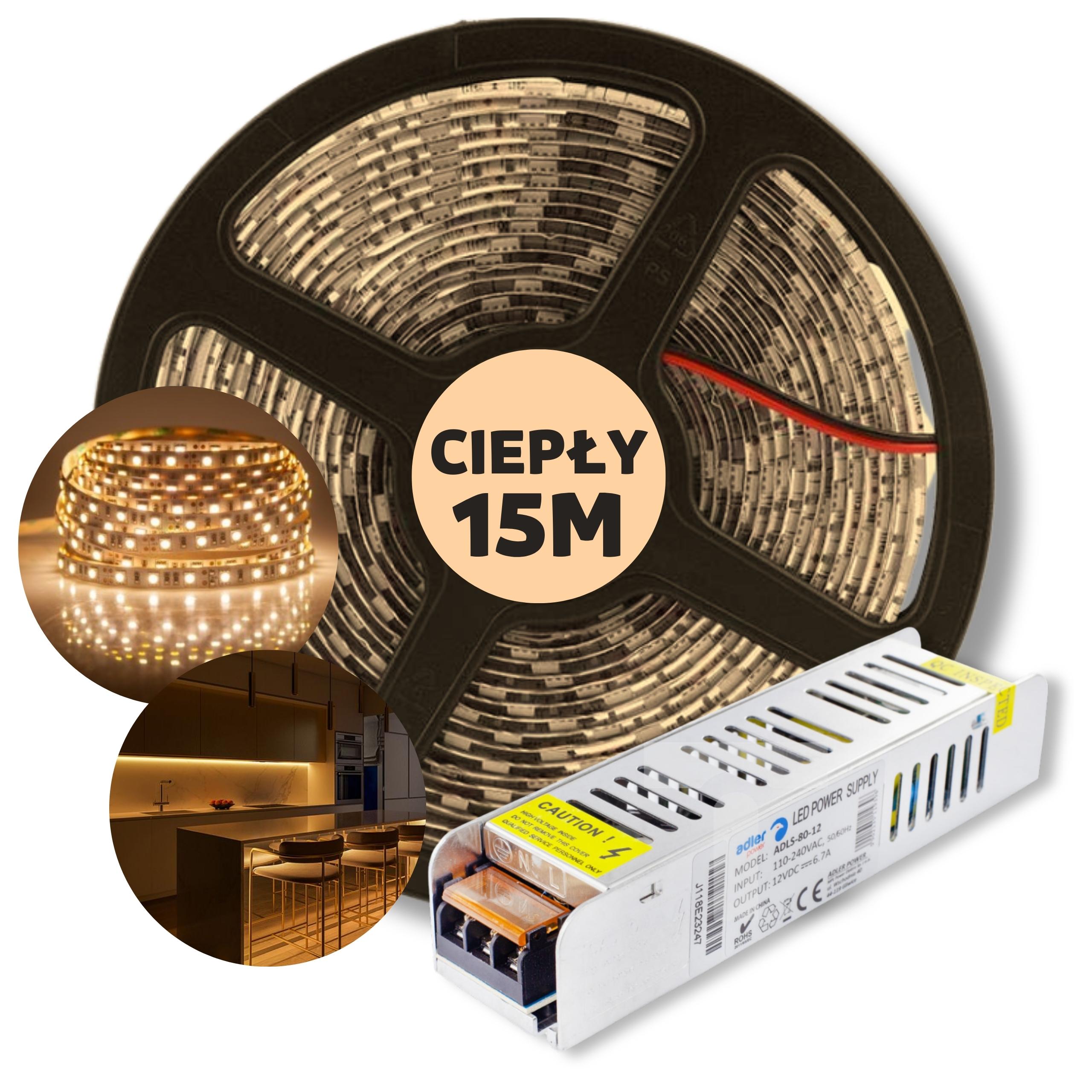 Set 15 m Pásek Led lišta Smd bílá teplá s napájecím zdrojem 12 V
