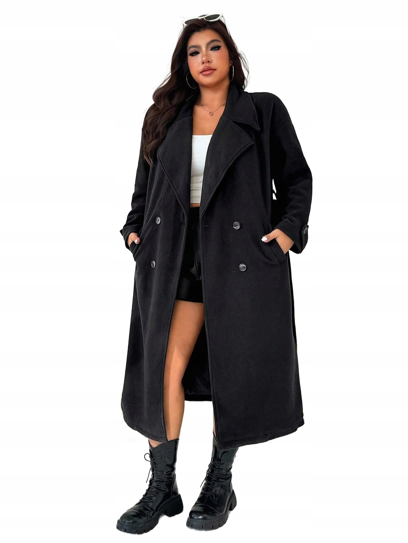 Shein Černý Dvouřadý Kabát S Klopami Plus Size 44 1LA