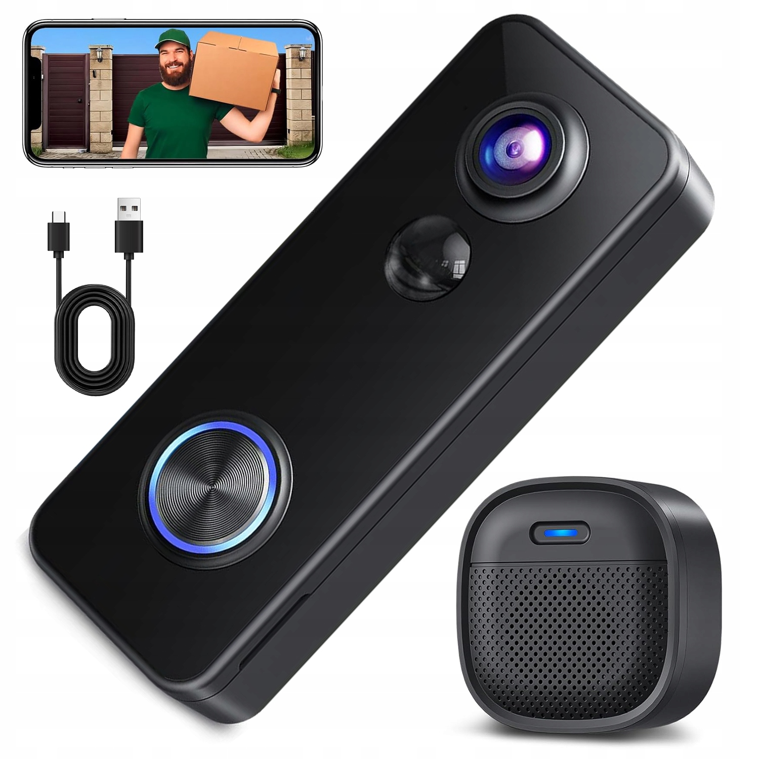 Videozvonek 2K 180° Noční Vidění 10M Pir Ai Baterie 5200MAH IP65