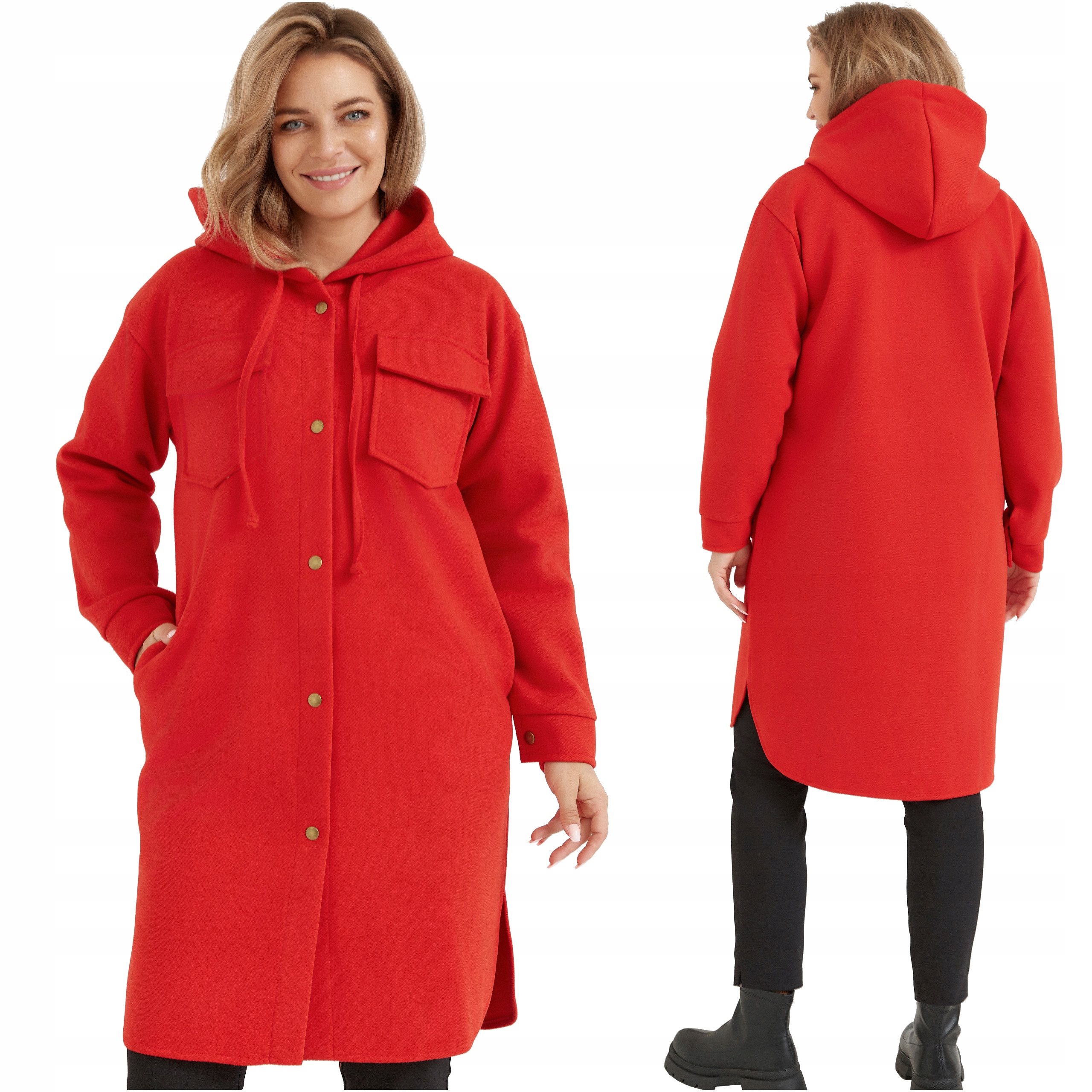 Dámský podzimní vlněný kabát S Kapucí kapucí, plus size, Polský Výrobce