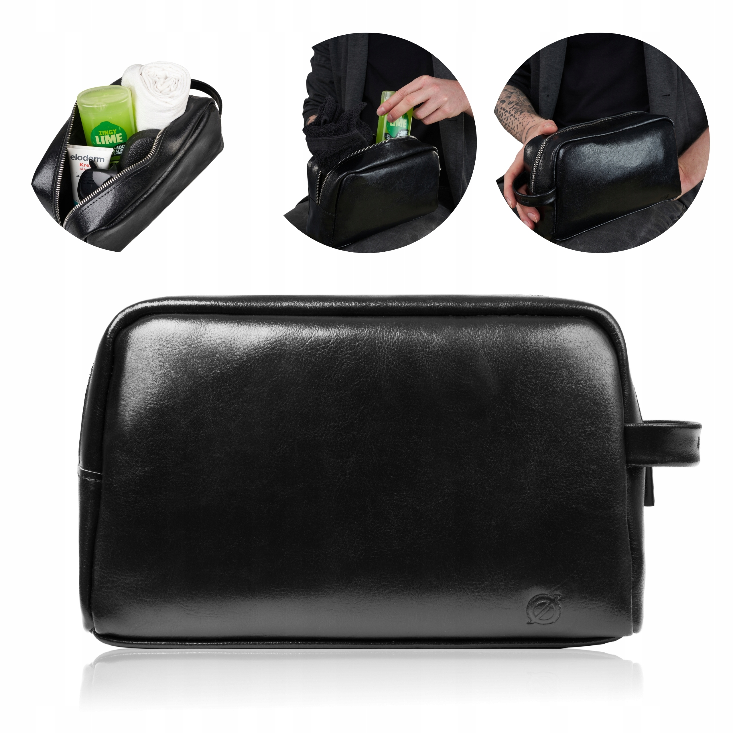 Saszetka Kosmetyczka Podróżna Skórzana Czarna Brodrene do Ręki na Zamek