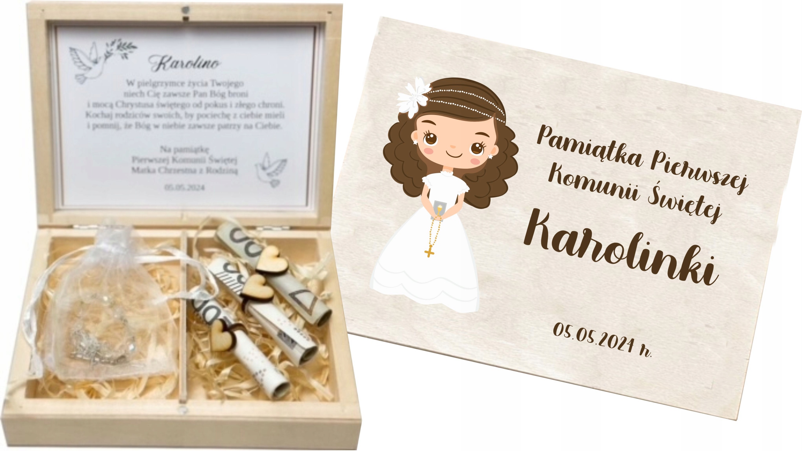 PREZENT Pamiątka Komunii Świętej kartka na komunie pudełko Z RÓŻAŃCEM
