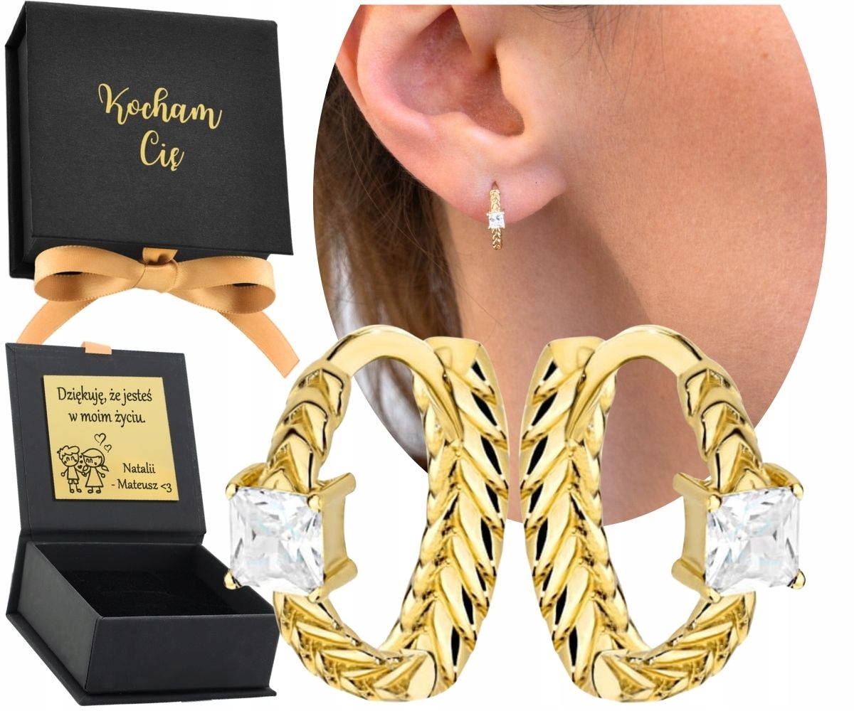 Złote Kolczyki Delikatne Plecione Na Kreolu Z Kamieniem 585 Grawer