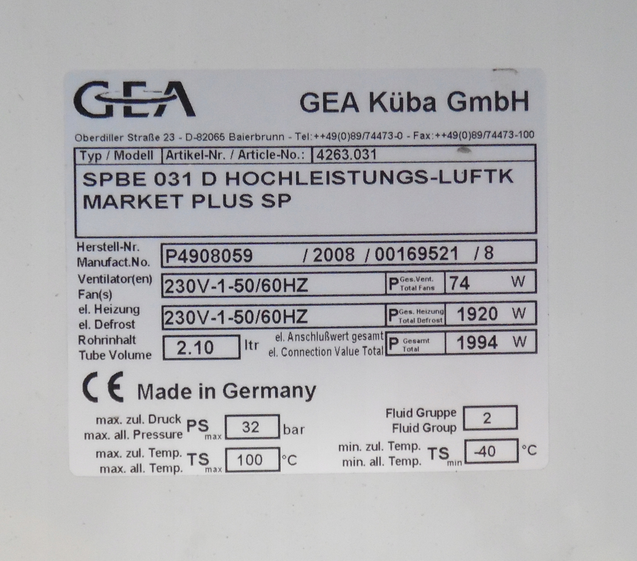 CHŁODNICA PAROWNIK GEA KUBA SPBE 031D 2 kW Model SPBE 031D