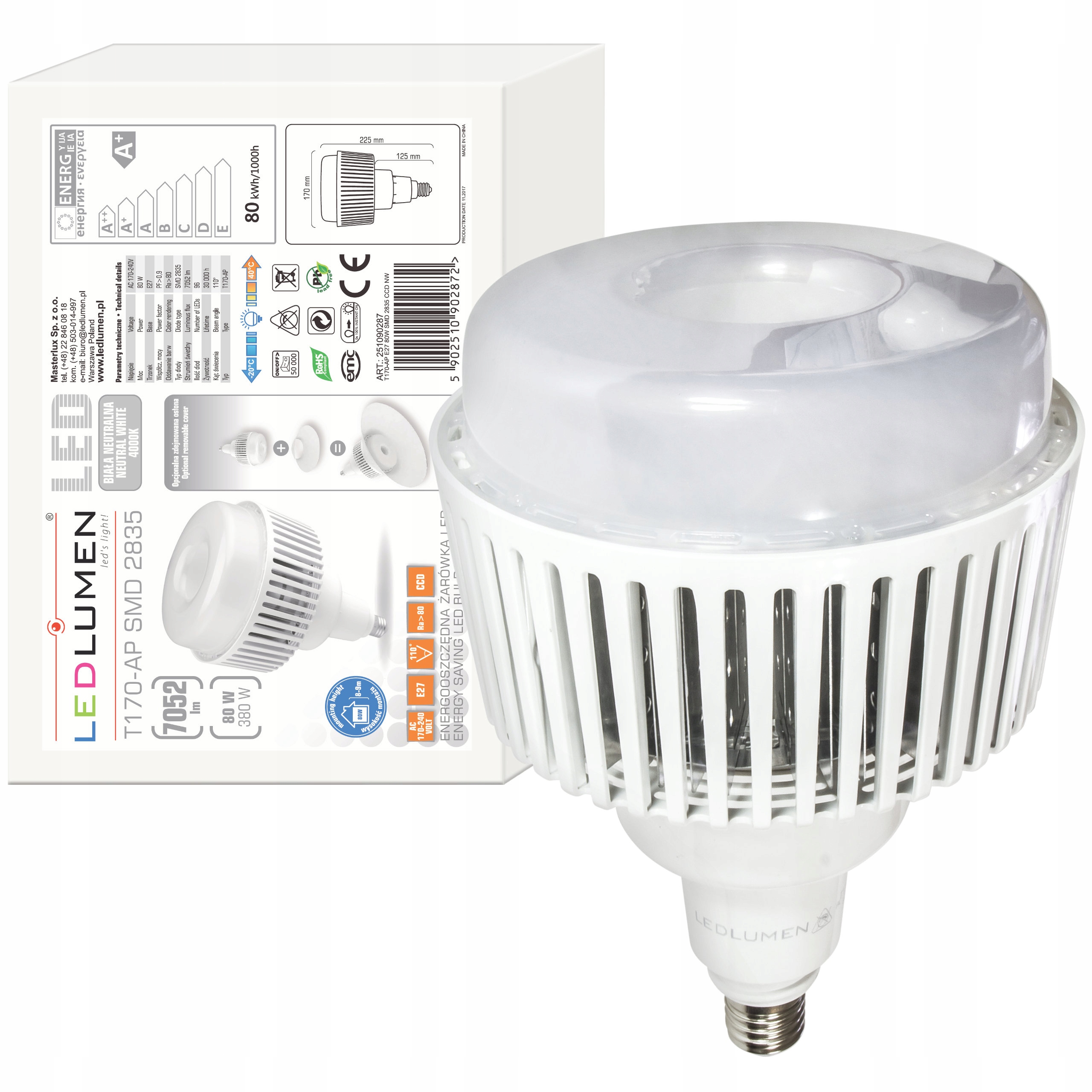 

Żarówka Led E27 T170 80W=380W 2835 Smd 7052lm CCD