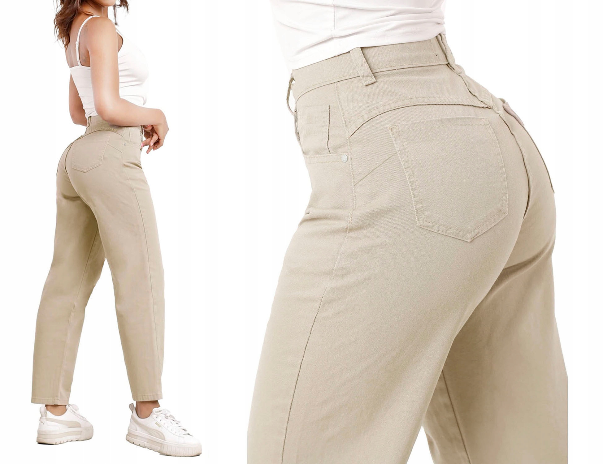 M.sara Béžové Dámské Kalhoty Mom Fit Volné Nohavice Bonus Pásek