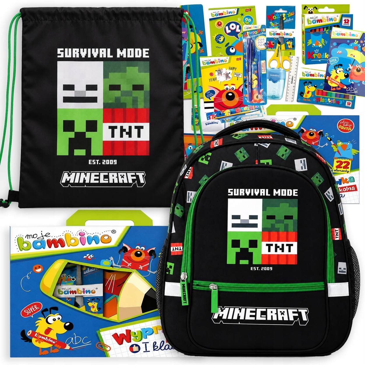 Zestaw Minecraft Survival Mode Plecak Szkolny Worek Wyprawka Bambino