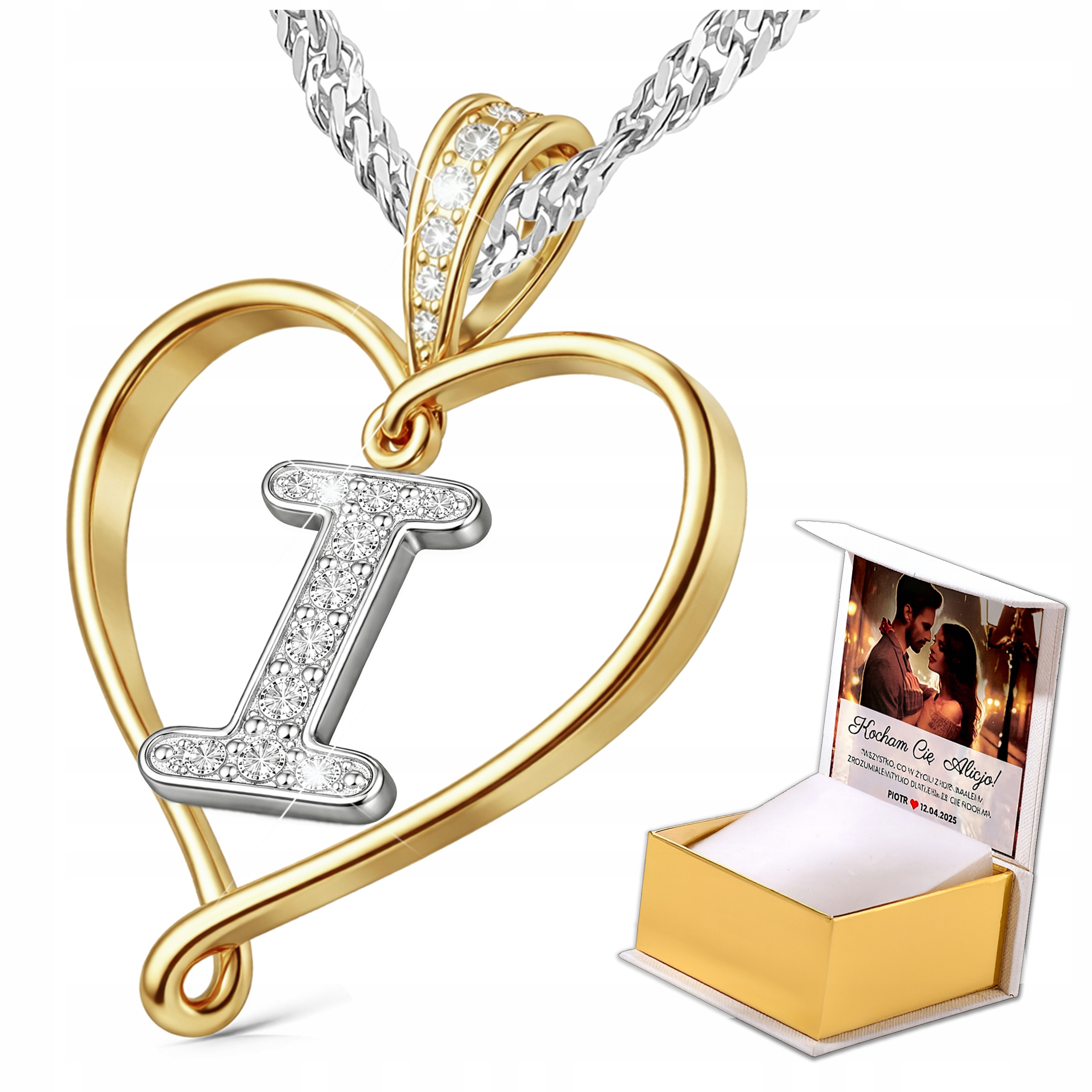 Stříbrný náhrdelník s písmenem písmenkem a srdíčkem s zirkony Stříbro Potisk