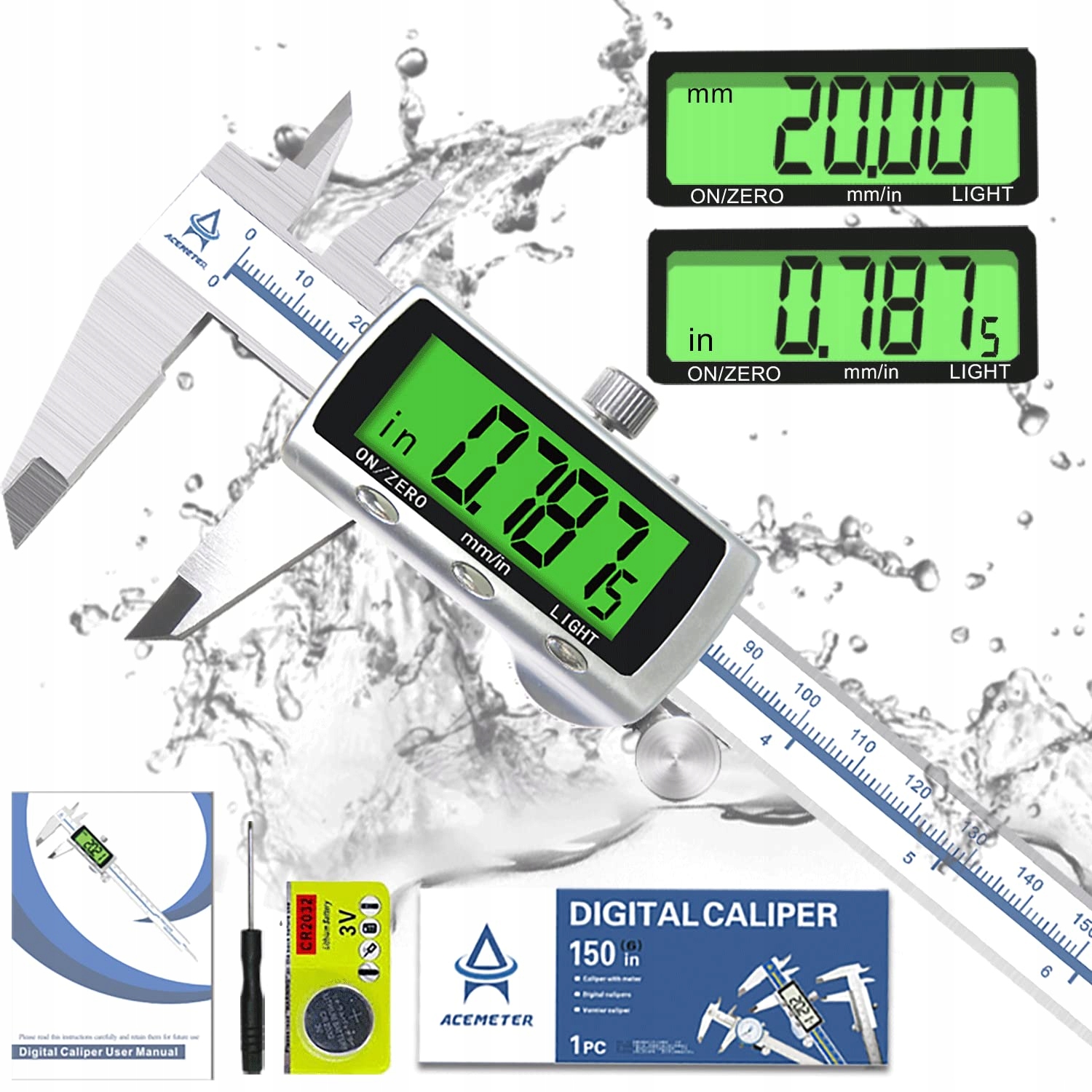 ACEMETER Suwmiarka Cyfrowa 150mm LCD Stal Nierdzewna IP54 Wodoodporna
