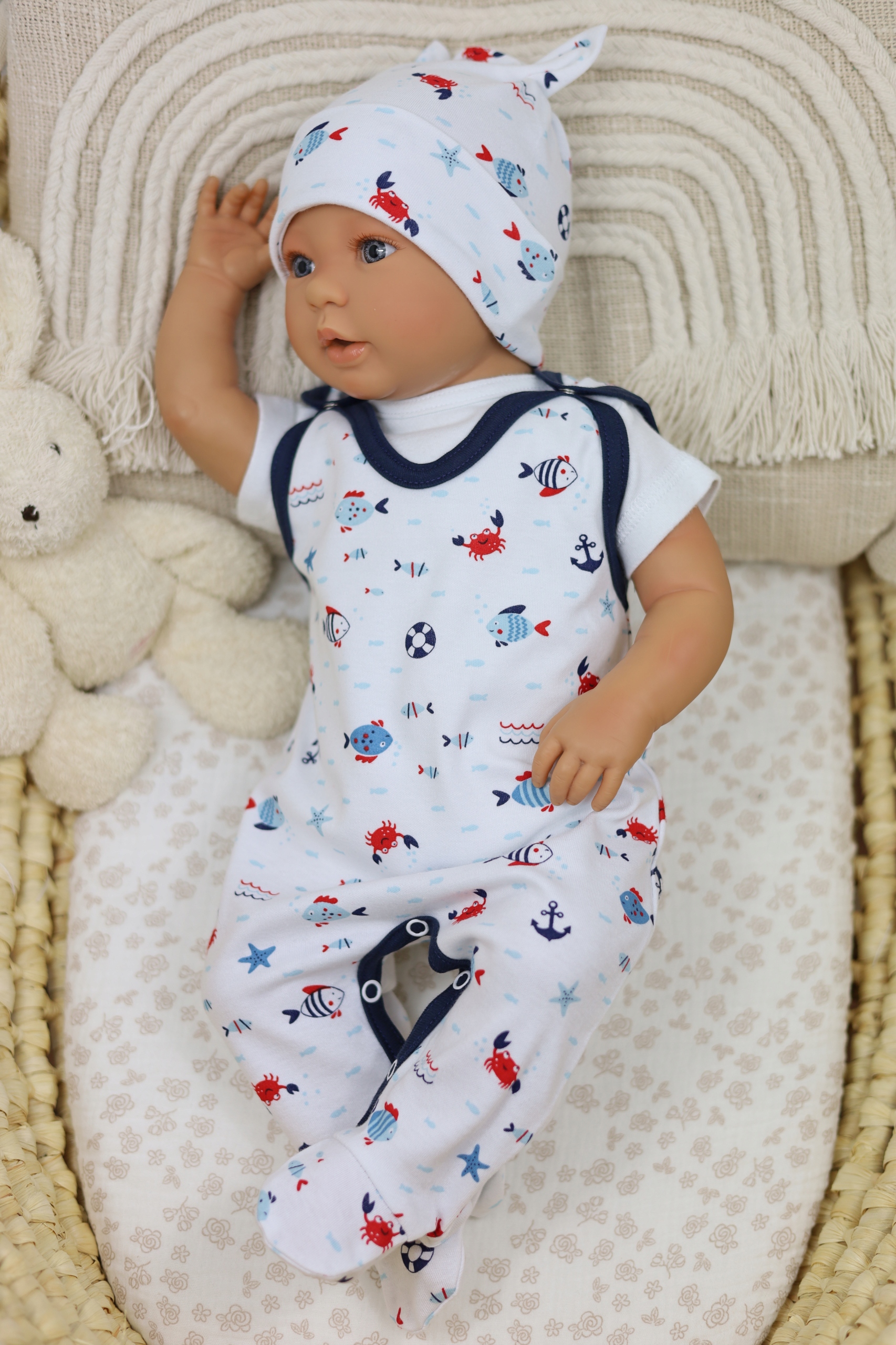 ŚPIOCHY NIEMOWLĘCE ŚPIOSZKI BAWEŁNIANE ROZPINANE r.68 RYBKI /1g/ Marka kaia-baby