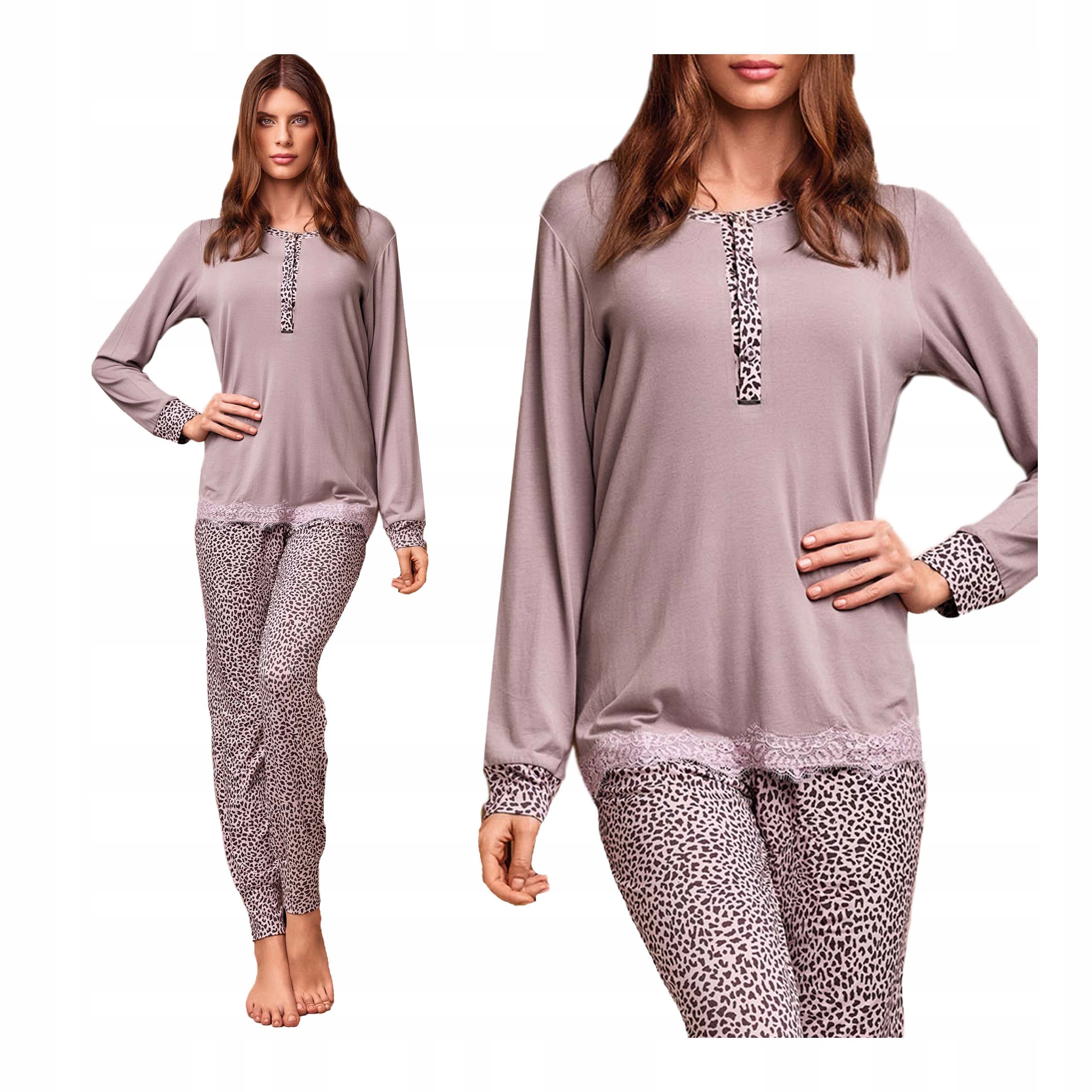 Dámské dvoudílné pyžamo na zimu s dlouhým rukávem s leopardím vzorem Lormar 2XL Whisky