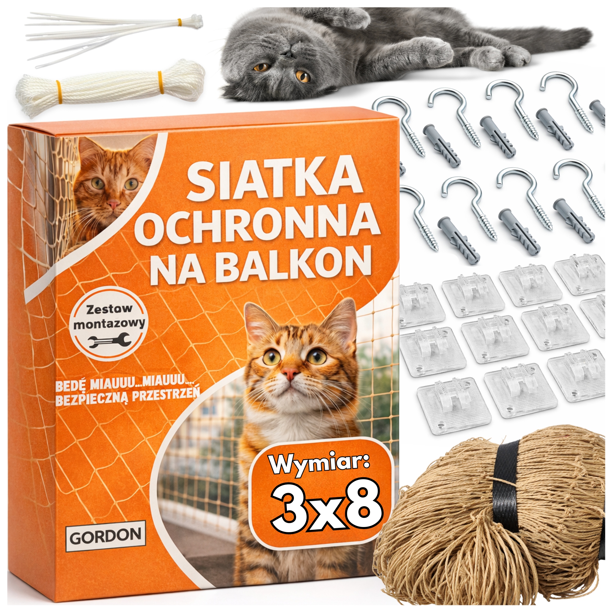 Síťka Na Balkon 3x8 m Montážní Sada Pro Kočky Ochranné Háčky Ptáci