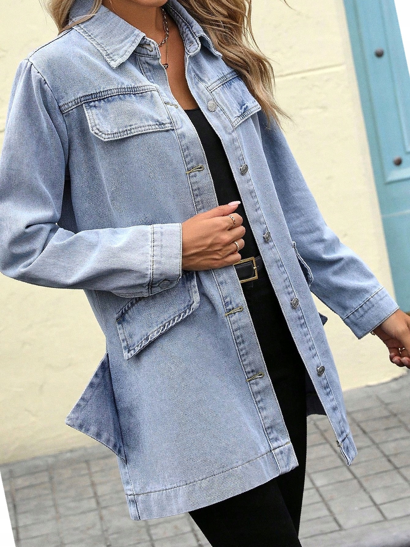 Dlouhá džínová bunda na každý den, modrá, košilová, velikost S 36