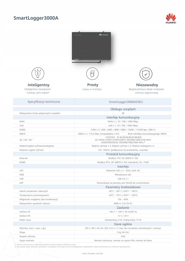 HUAWEI SmartLogger 3000A bez PLC Kod producenta SMART LOG 3000A