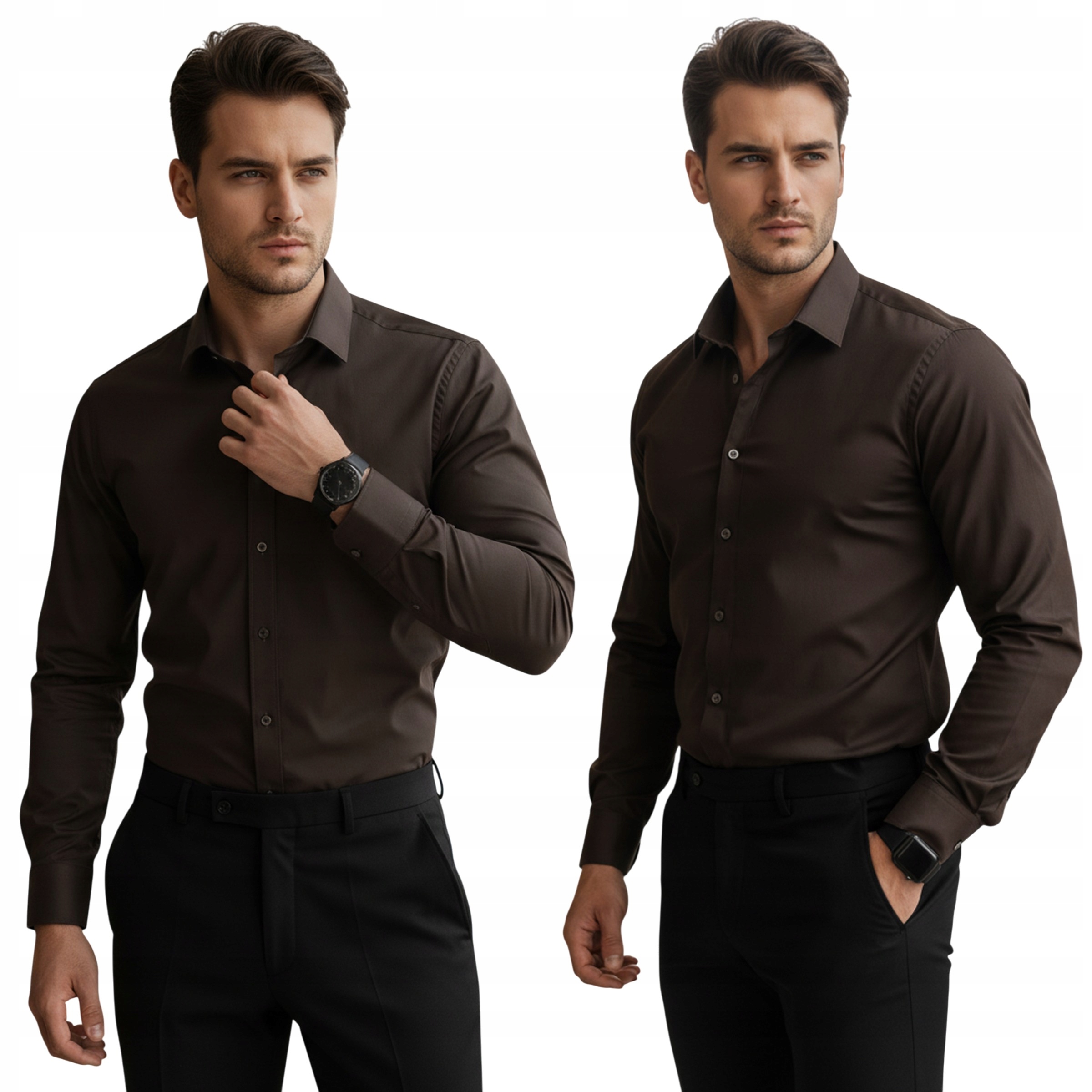 Koszula męska regular długi rękaw ciemnobrązowa DX2685 M