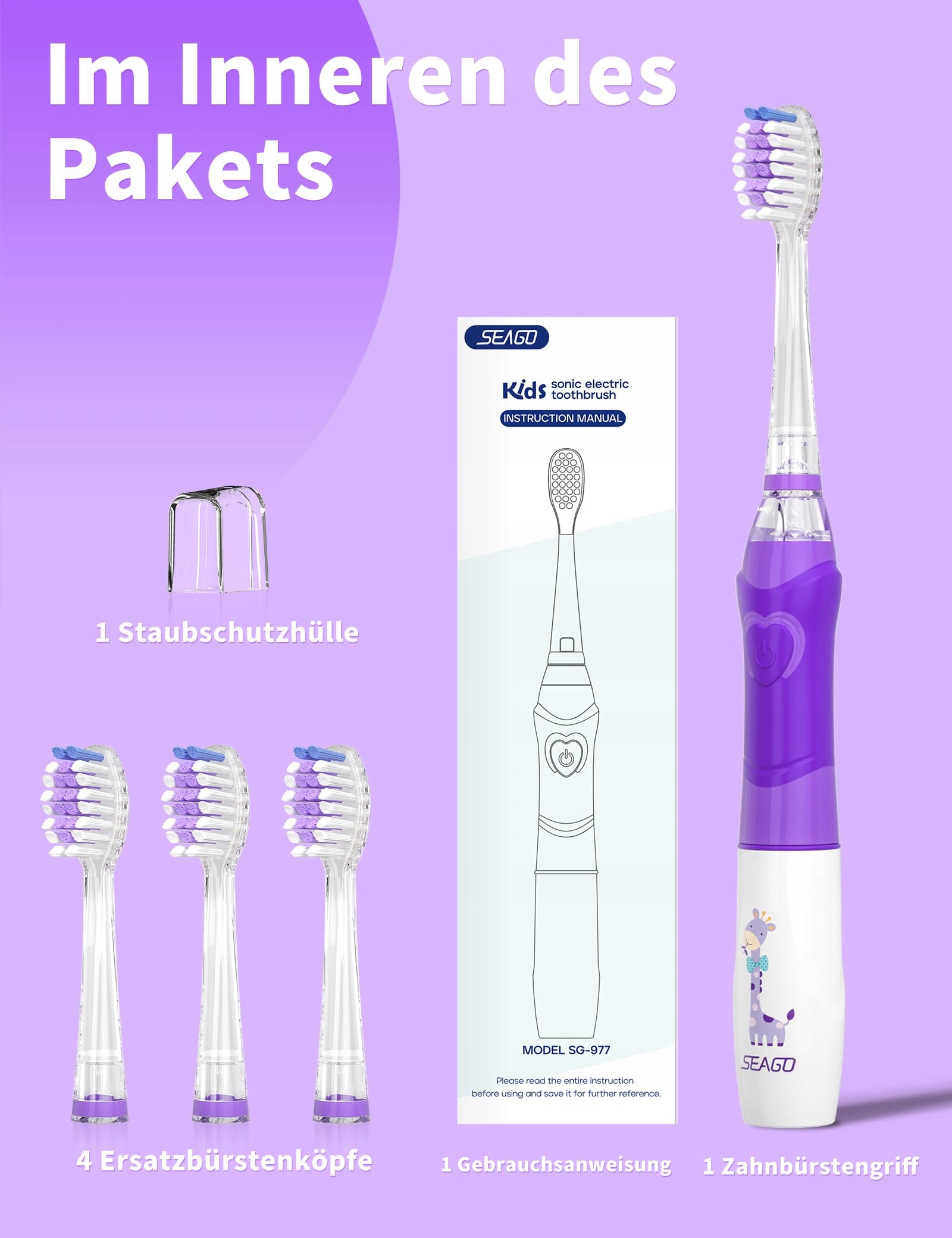 SEAGO Szczoteczka Soniczna Dla Dzieci 4 Tryby LED 4 Główki Fiolet — miniatura 6