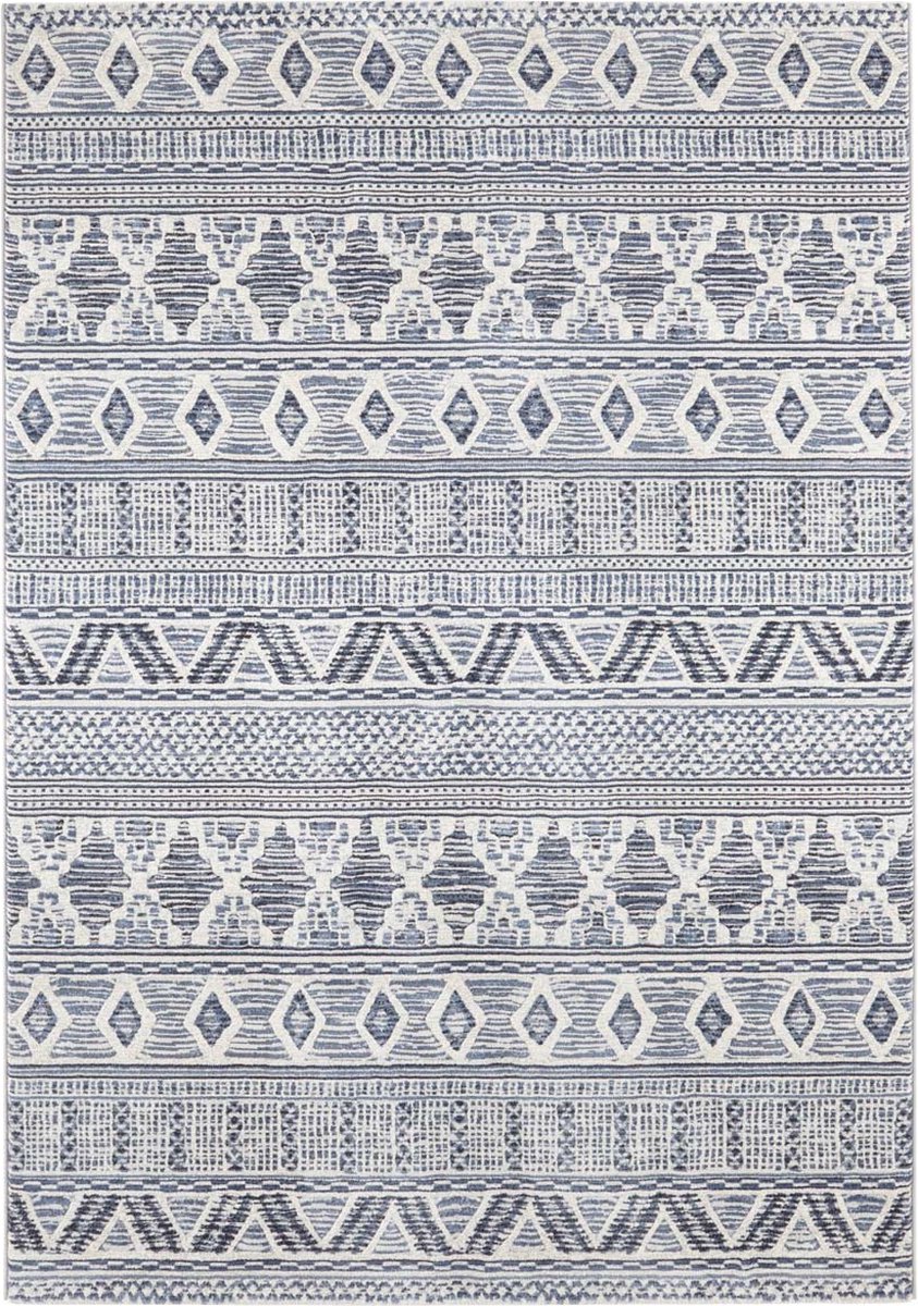 Koberec do obývačky 200x290, boho vzor, mäkké plyšové štetiny, krémovo modrý