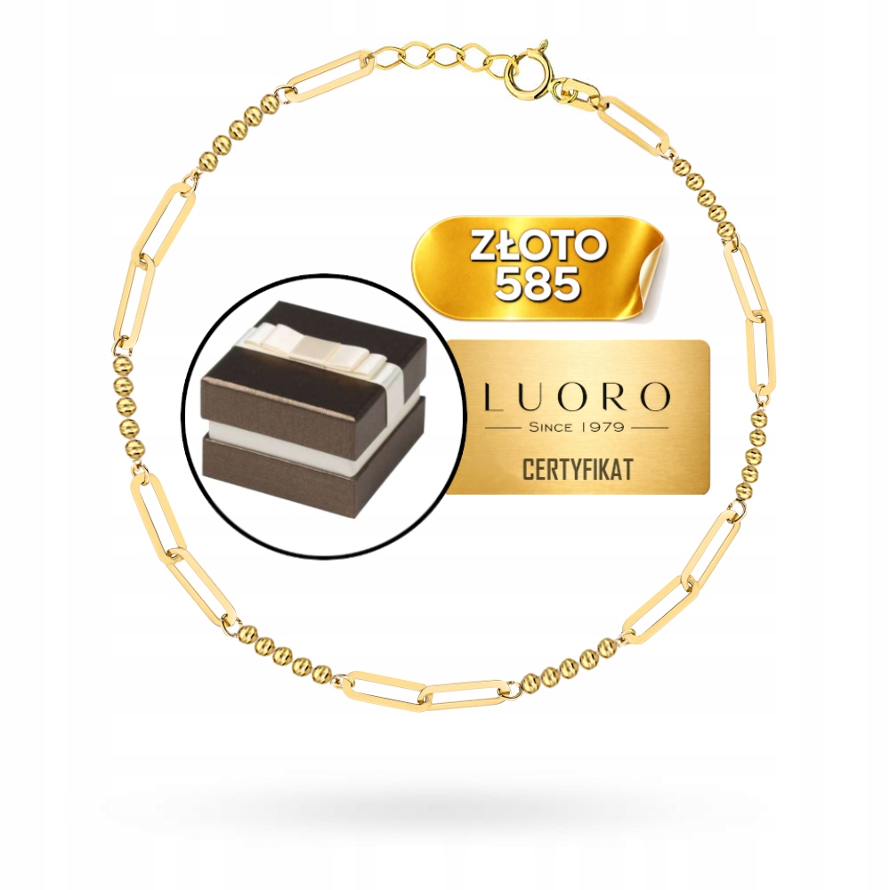 Náramek Zlatý 585 14K Diamantové Kuličky Srdce 18 CM Nastavitelný