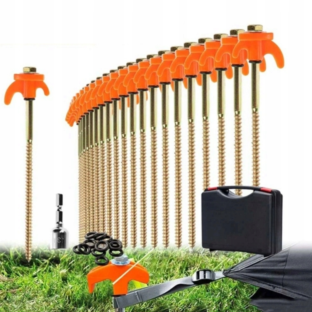 24ks kolíků na stan, šroubovací kolíky, dlouhé, 20 m, kovové, sada