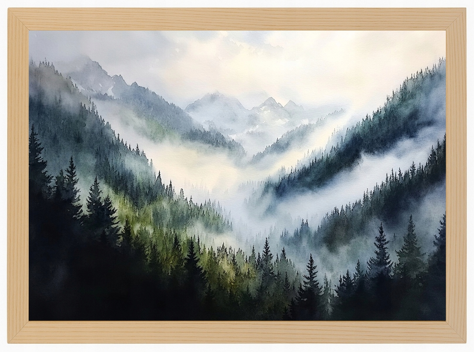 Plakát Rámeček Dřevo Krajina Akvarel Hory Vrcholy Les Stromy Mlha 80x60