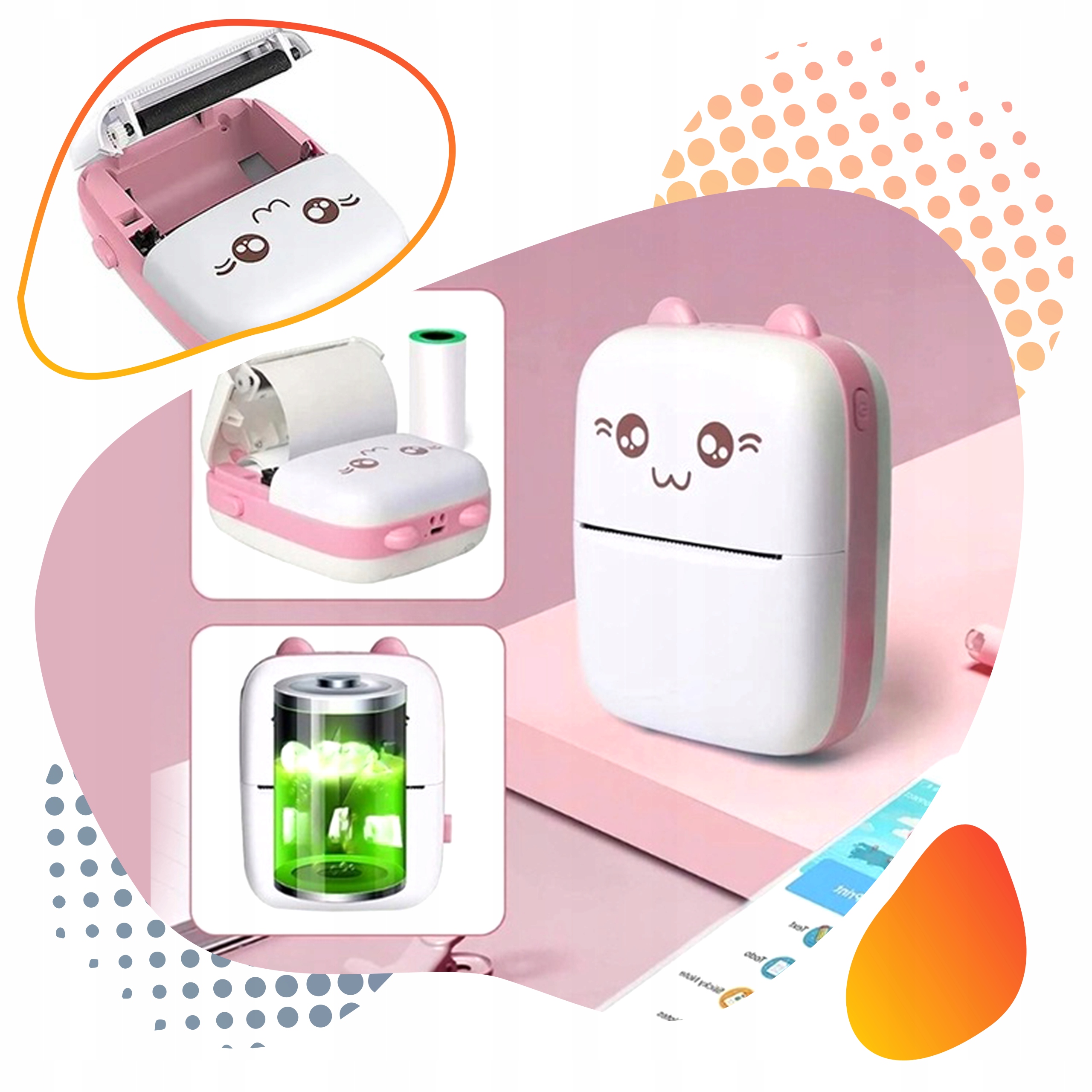 DRUKUŚ DRUKARKA TERMICZNA MINI KOTEK RÓŻ + 21 SZT ROLEK Model Drukuś