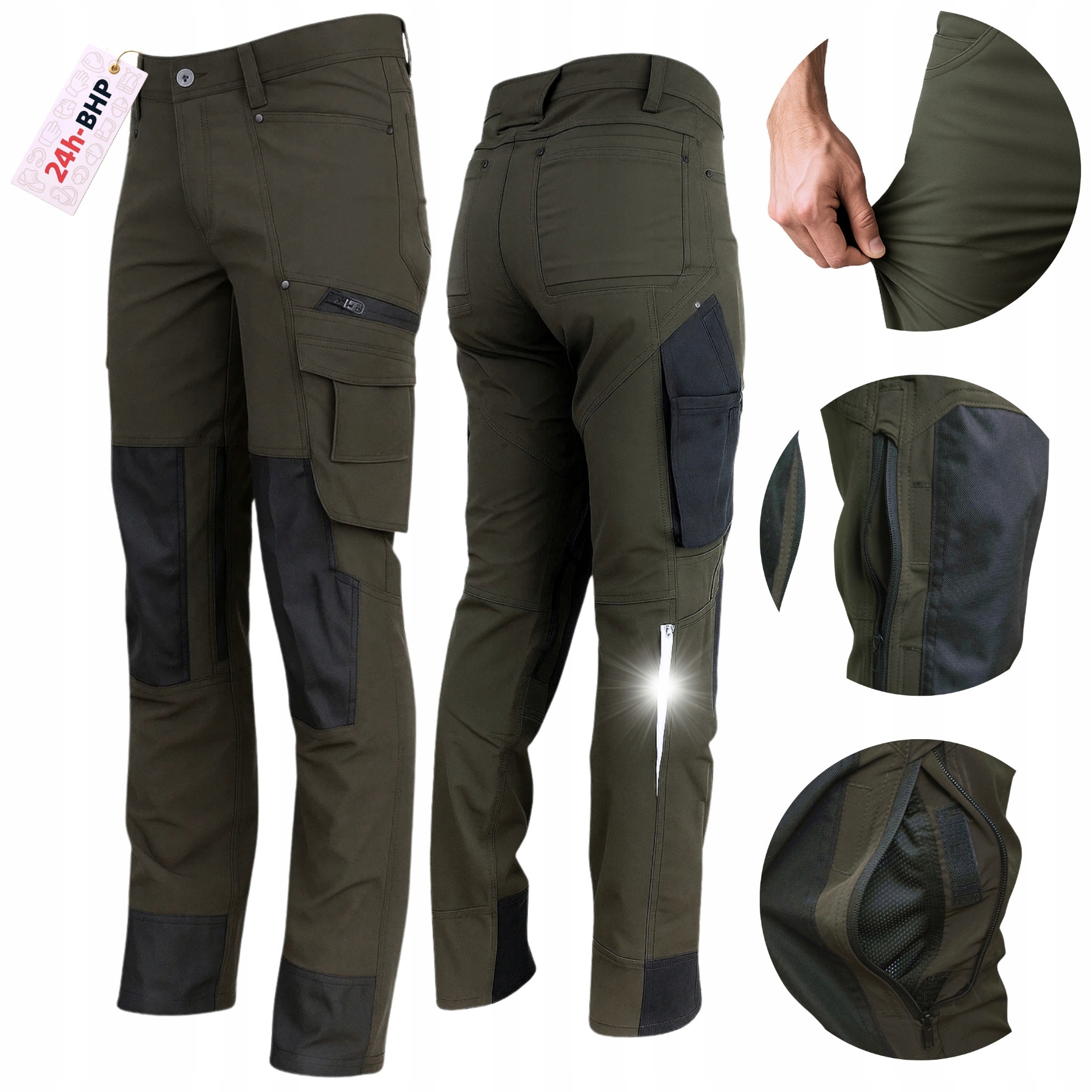 Elastické Pracovní kalhoty Stretch Pánské Bozp Ochranné Silné bojovky Khaki