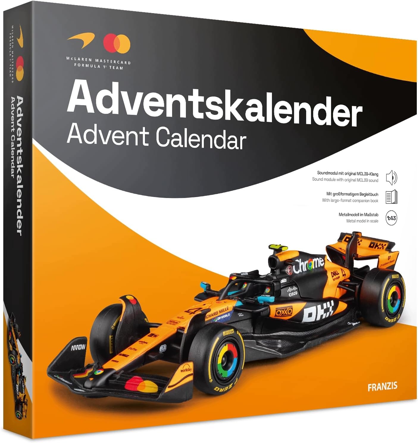 Адвент-календарь Franzis McLaren F1 MCL39 2026, сборная модель болида 1:43 со звуком