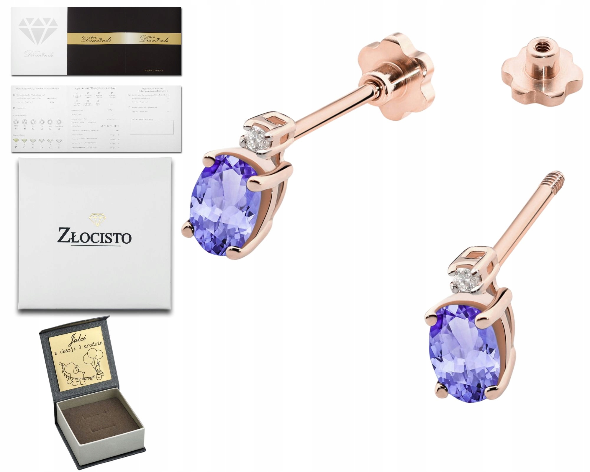 Růžové Zlato Náušnice S Tanzanitem A Brilianty, Zlatá Šroubovací Tyčinka