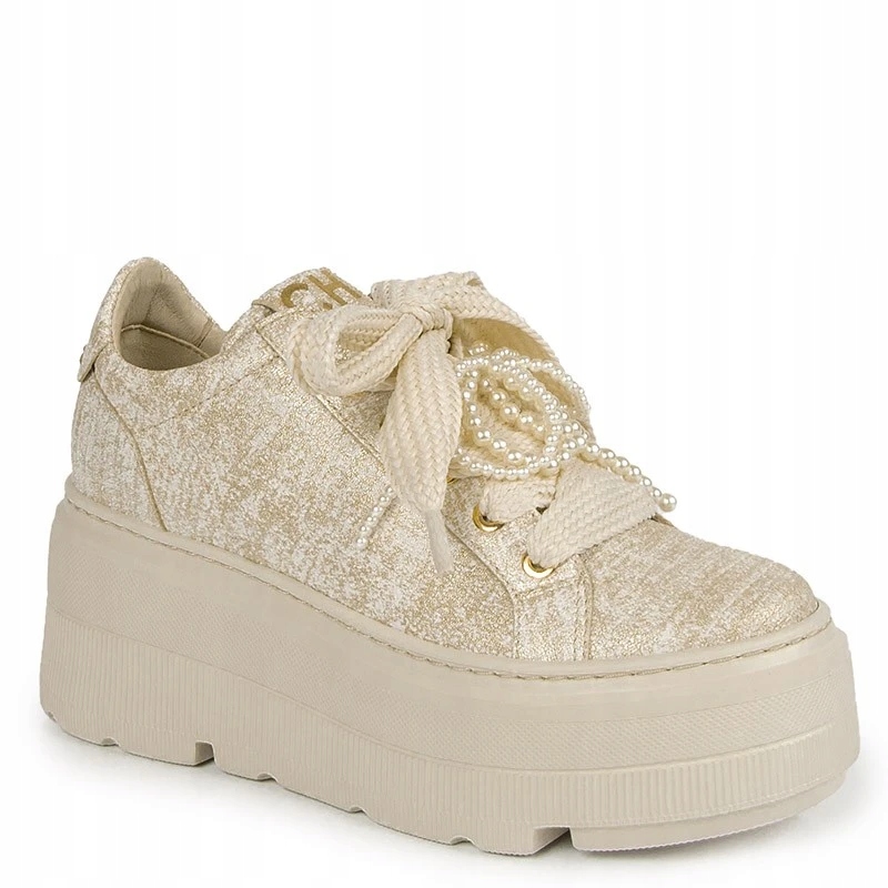 CheBello 4658 Béžové Zlaté Kožené Tenisky S Ozdobou 40