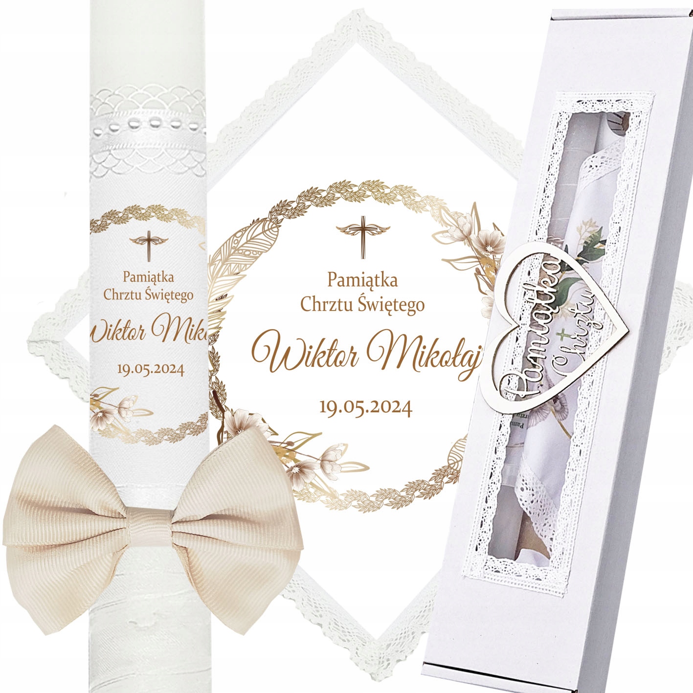 ŚWIECA NA CHRZEST SZATKA DO CHRZTU IMIĘ PUDEŁKO