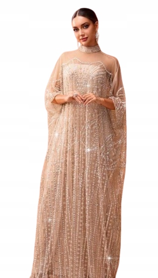 Shein Šaty S Flitry A Stojáčkem, Béžová, MIDI, 40/42 1 cm