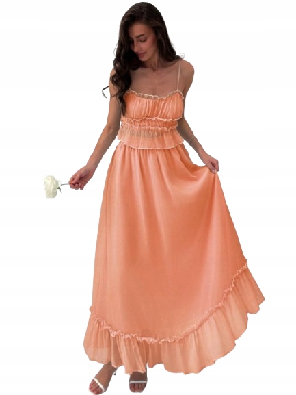 Shein Dlouhý Dámský Komplet S Volánky V Broskvové Barvě 1JA