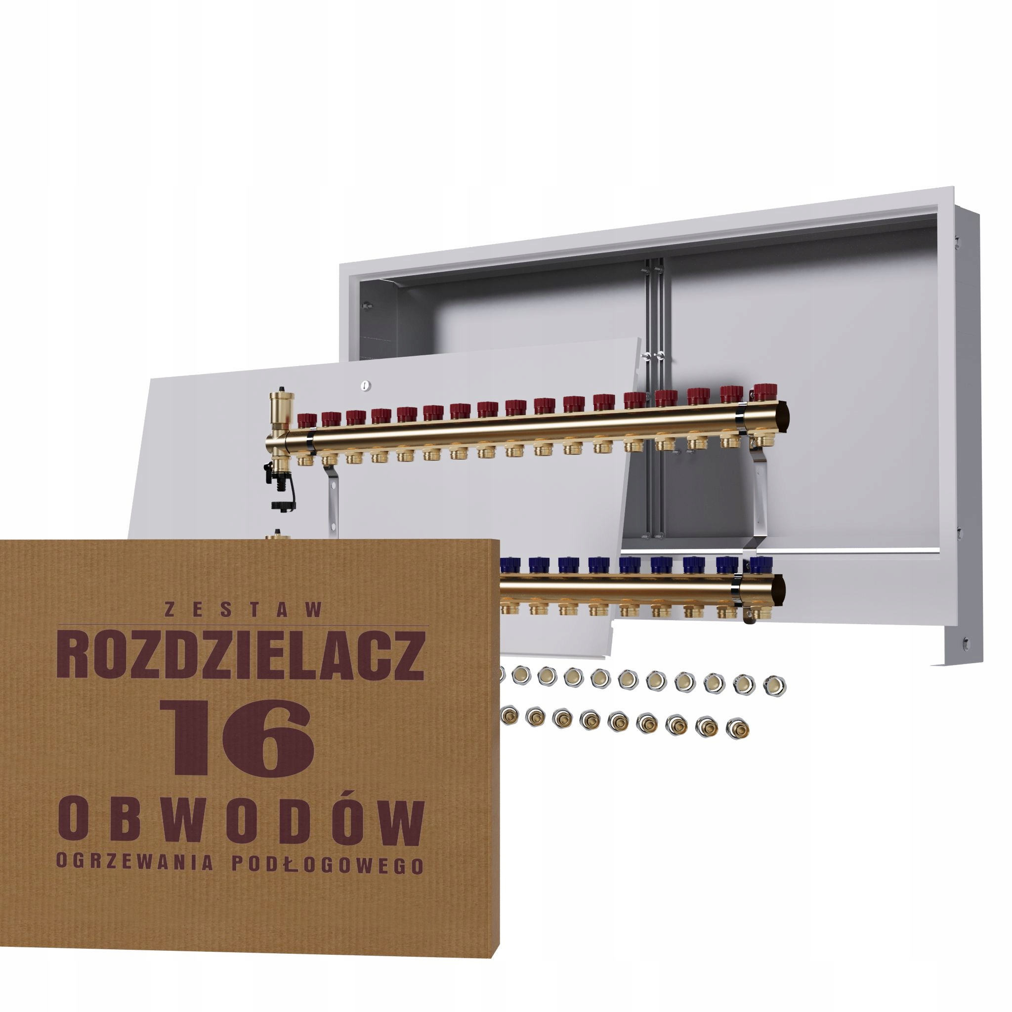 Manuální rozdělovač 16 okruhů pro radiátory podomítková skříňka Pex