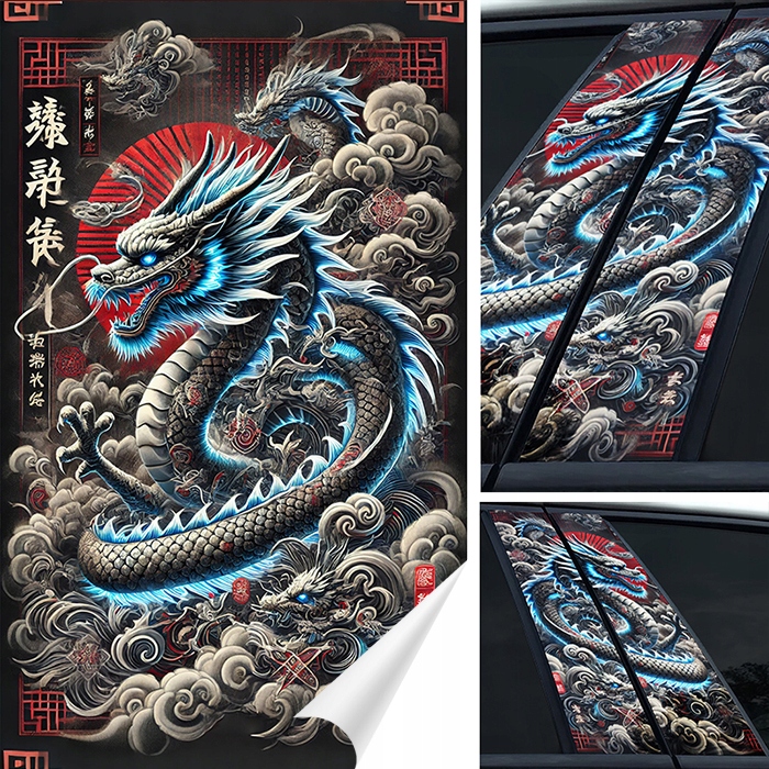 2x Nálepka na sloupky dveří auta Čínský Drak Modrý 50x30