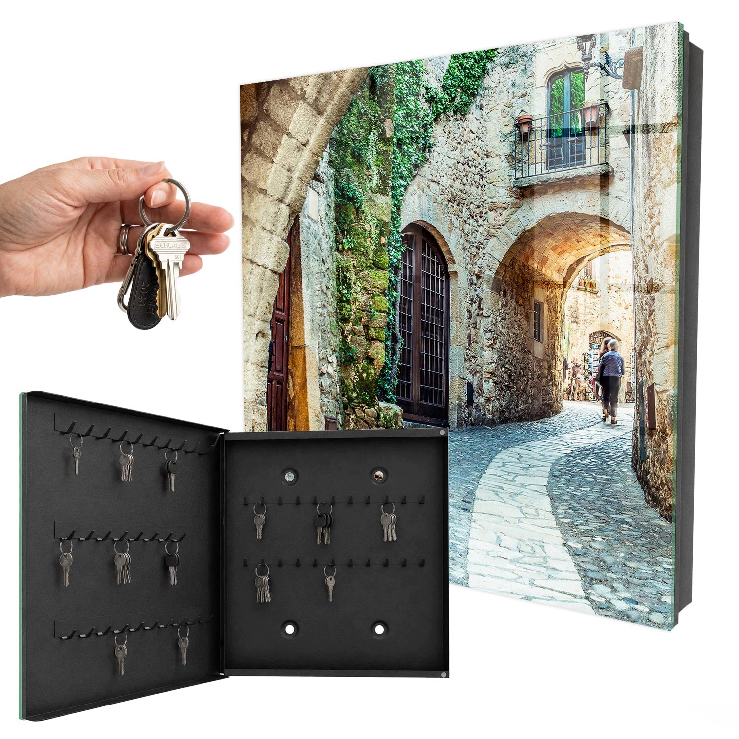 Věšák Organizér Zásobník na klíče Historická ulička Černá levá 30x30 cm