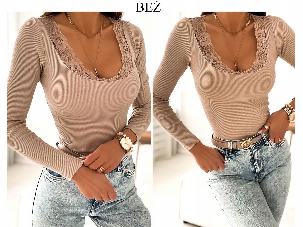 Bluzka damska z długim rękawem PRĄŻKOWANA dopasowana z ozdobną koronką Materiał dominujący bawełna
