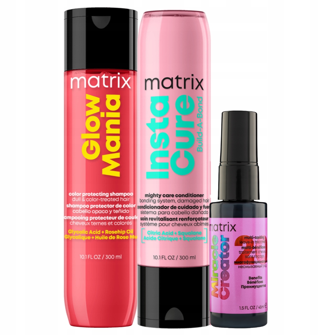 Matrix Glow Mania szampon, Instacure Build-A-Bond odżywka włosy farbowane