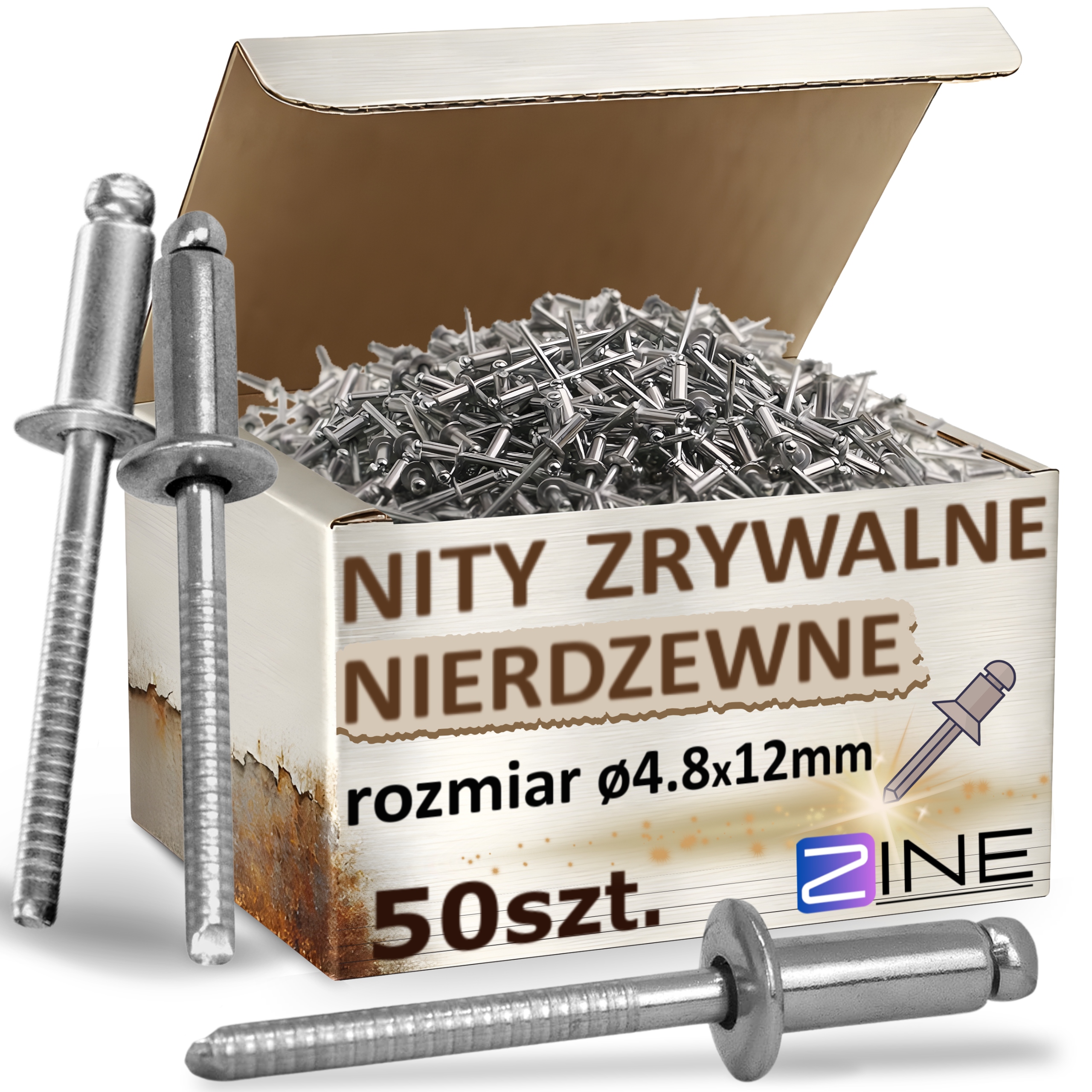 Nity Zrywalne Nierdzewne 4.8x12 mm A2/A2 Inox Stalowe Zestaw 50 sztuk Zine
