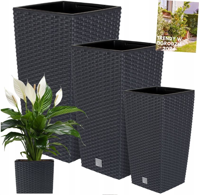DONICZKI 3x ZESTAW DONICE OGRODOWE RATTAN ELEGANCKIE + WKŁADY ANTRACYT HIT!