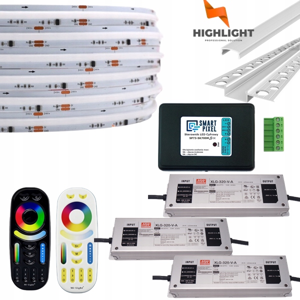 50m Sada Fasáda Led hadica Digitálna Cob Rgb+nw 16W 24V IP65+Strieborný profil