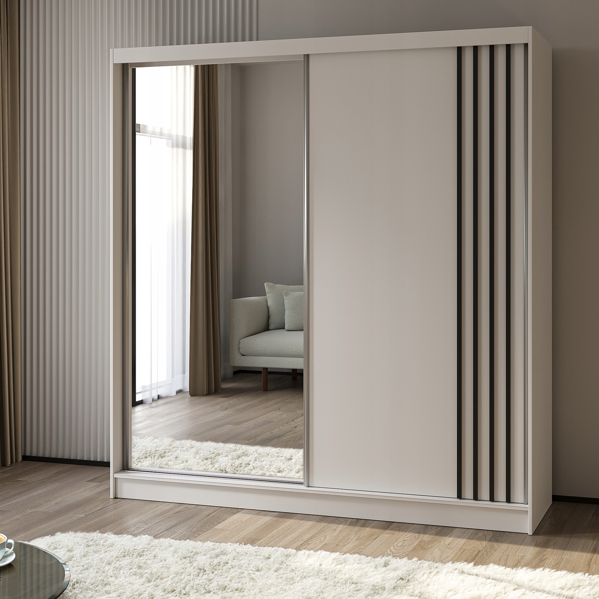 Skříň Nelvia 200 cm Skříň se zrcadlem Posuvná bílá