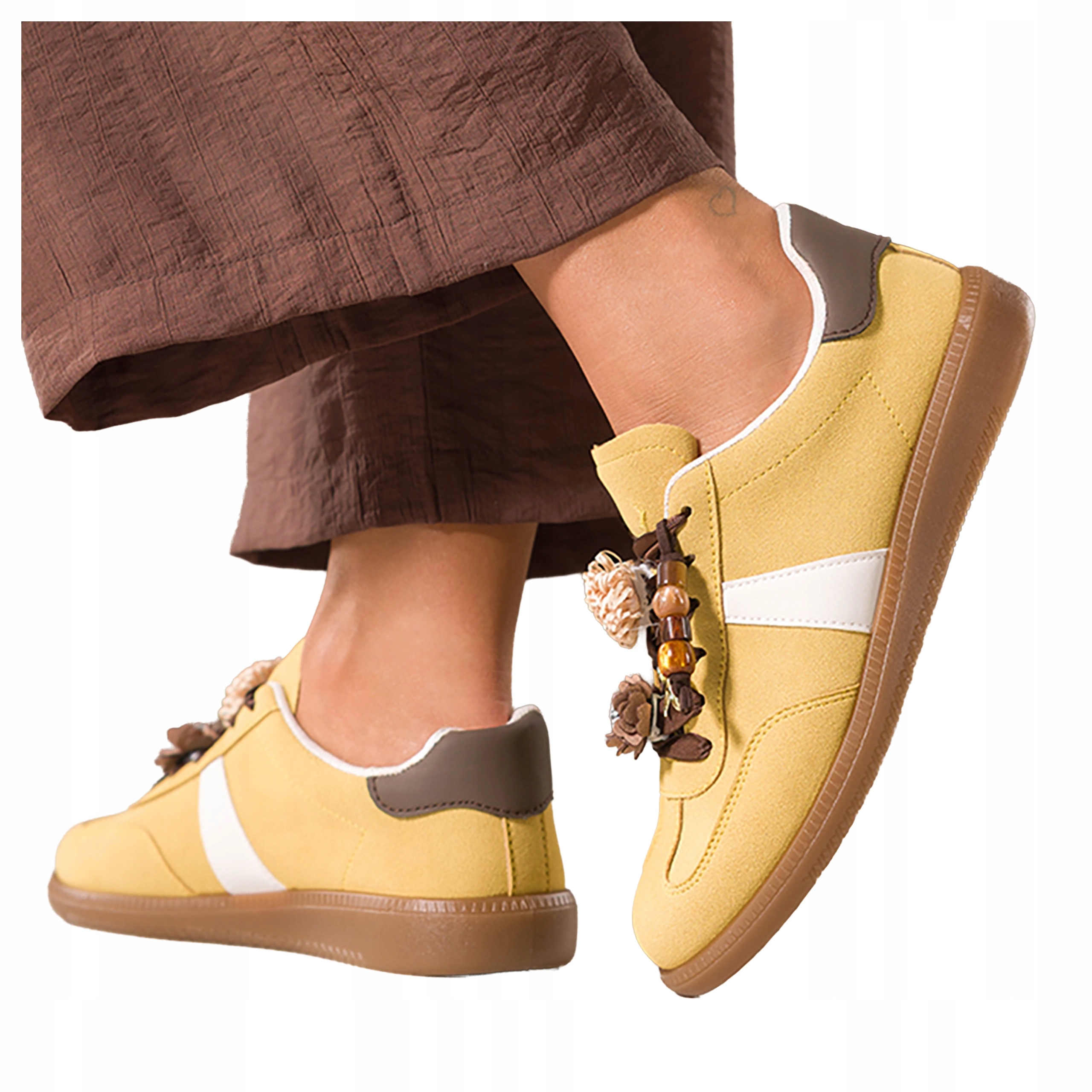 Žluté dámské módní šněrovací tenisky s korálky, Ploché, velikost 38