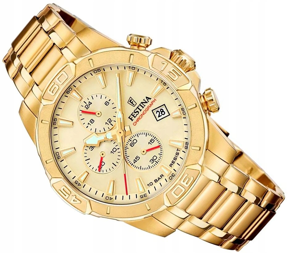 Zlaté Pánské Hodinky Festina F20705/2 Módní Chronograf S Datem WR100 Ocel Ø45mm